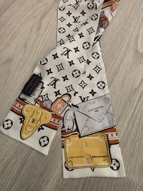 LV White Scarf with Black and Yellow Accents - Accessories